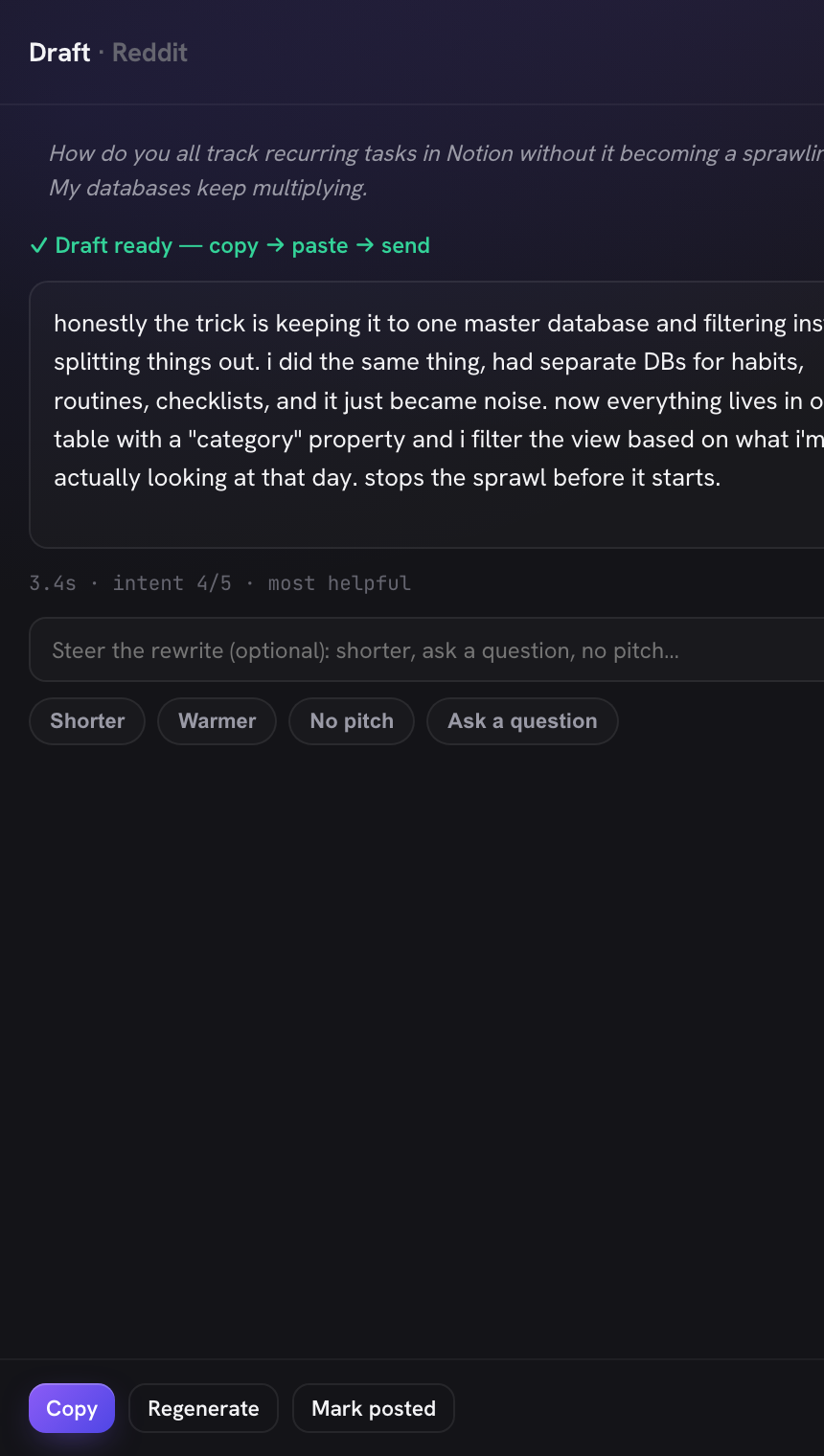A drafted Reddit reply written in the user's own voice
