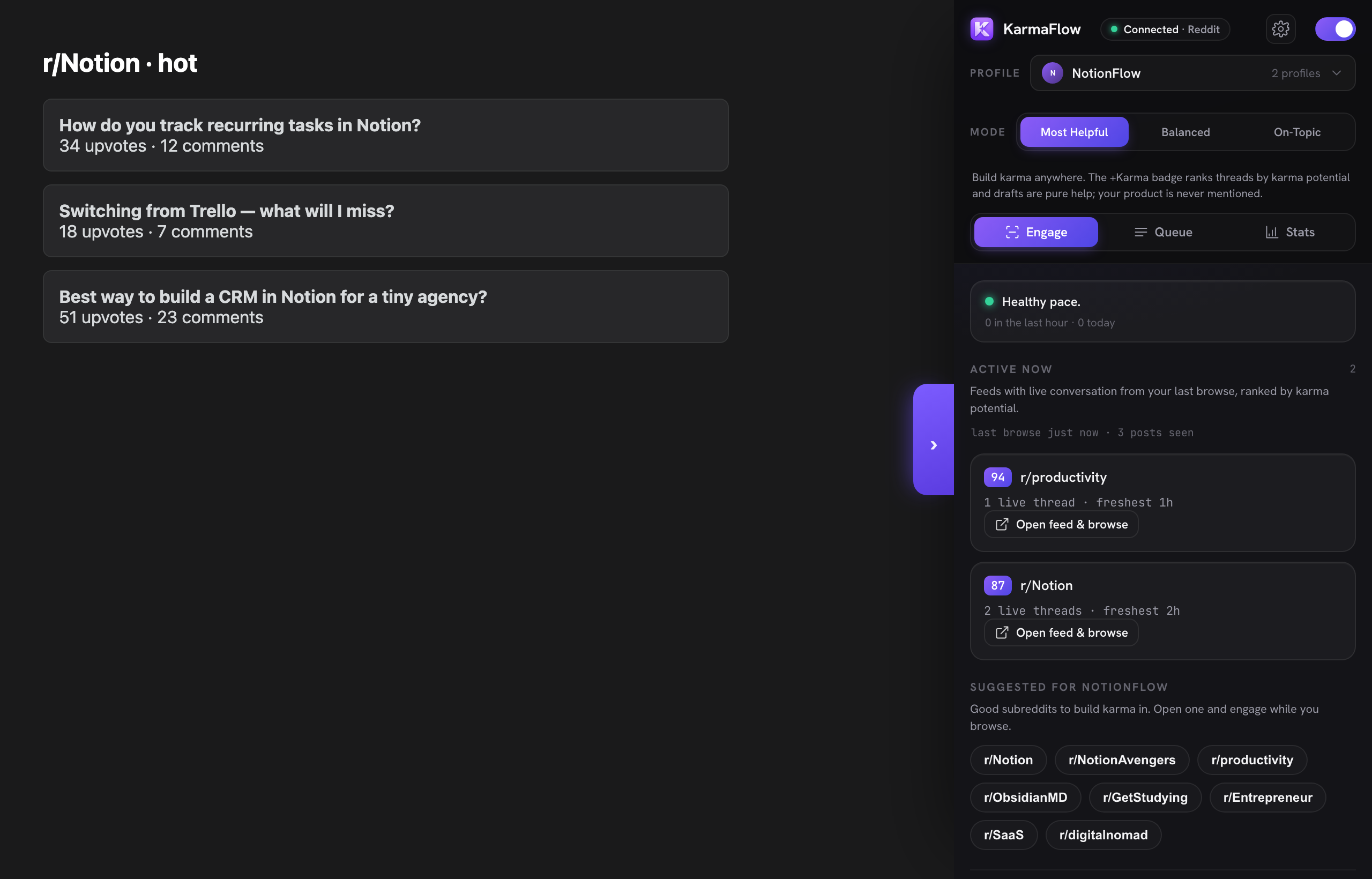 KarmaFlow open beside a Reddit feed, ranking threads and drafting a reply